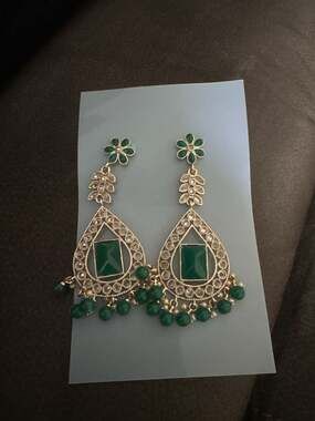 Gold Plated Green Kundan and Stone Studded Floral Dangler Chandbali Earrings
